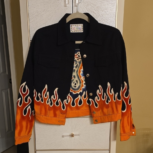 Designes by Naomi Jackets & Blazers - Black and Orange Flame Jean Jacket